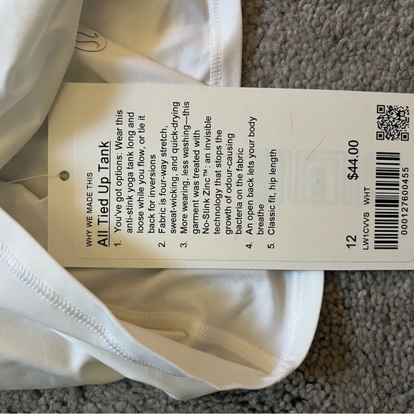 NWT Lululemon White Tie Back Tank - Picture 2 of 5
